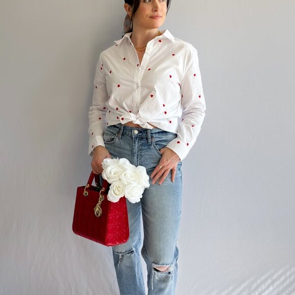 Women's Heart Embroidered Button Down Long Sleeve Top | White - Picture 5 of 7
